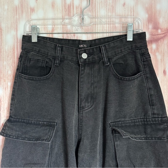 Micas Black Multi Pocket Rolled Hem Wide Leg Cargo Jeans Size Small 2-4 - Picture 5 of 15